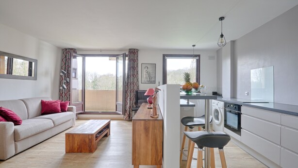 A modern apartment with a living room, kitchenette, and a balcony. - Swingcat - Charmant appt pour 2 (Athis Mons)