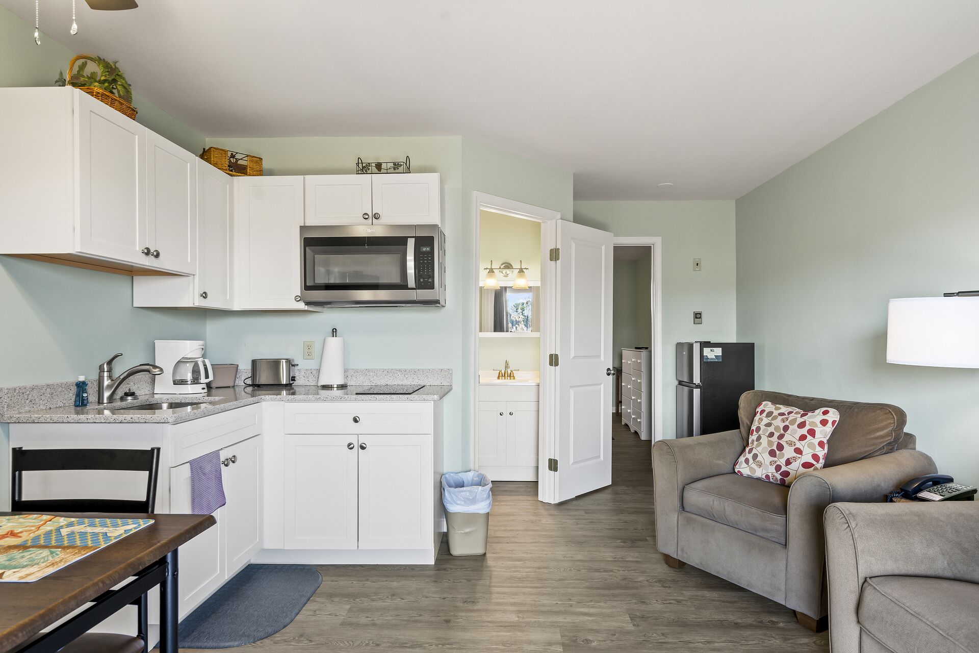 Microwave, stovetop, coffee/tea maker, toaster
