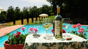 Taula amb ampolla de vi i gots, un escuracorcs, i una ampolla de vi RAVAZZI Toscana, situada a la vora d'una piscina amb flors roses i un mantell verd.