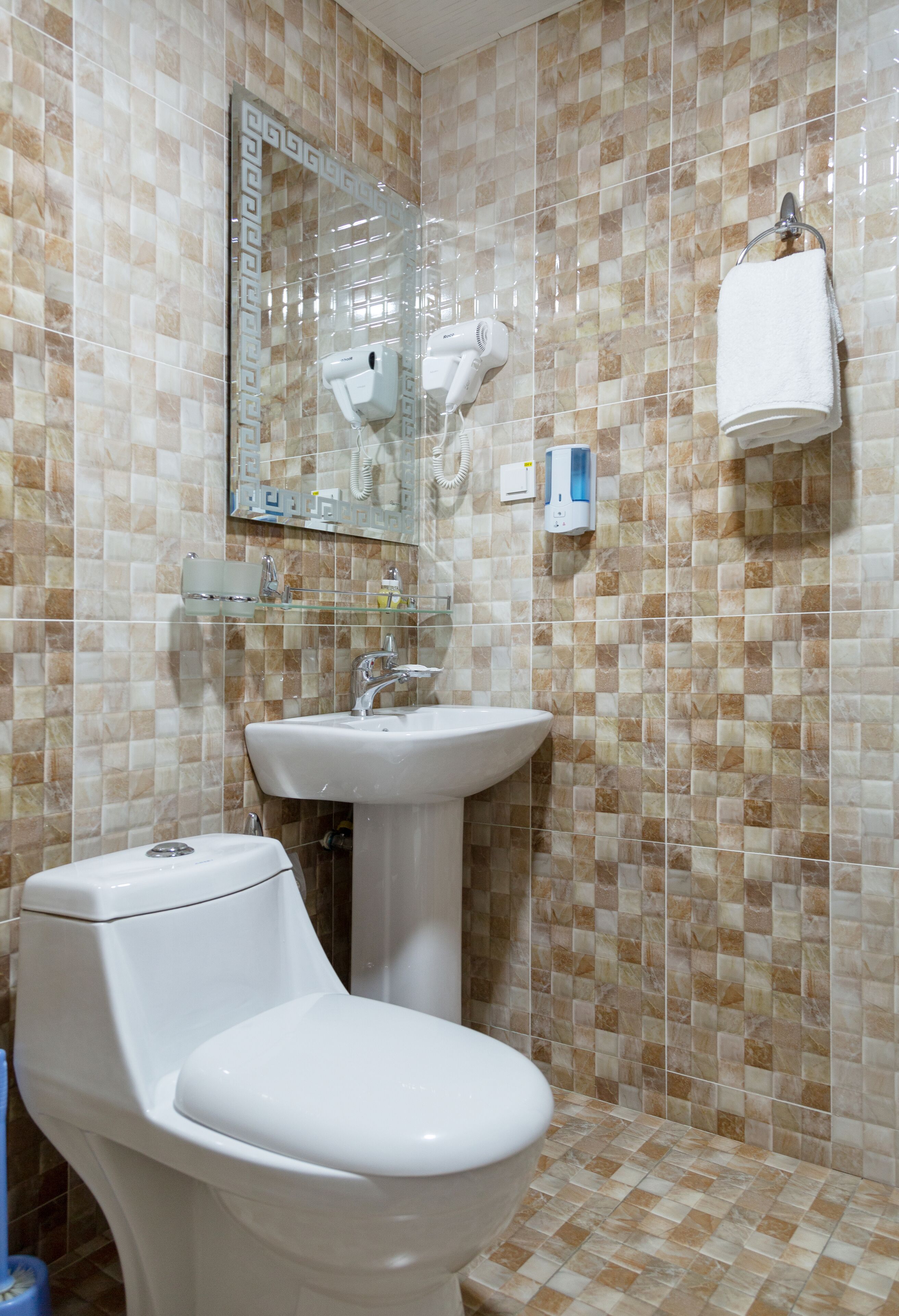 A bathroom with a toilet, sink, and mirror.