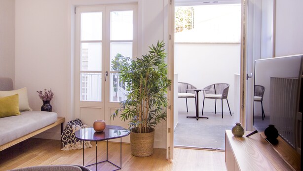 Una sala de estar moderna con un sofá, una mesita, una planta en maceta y un televisor.