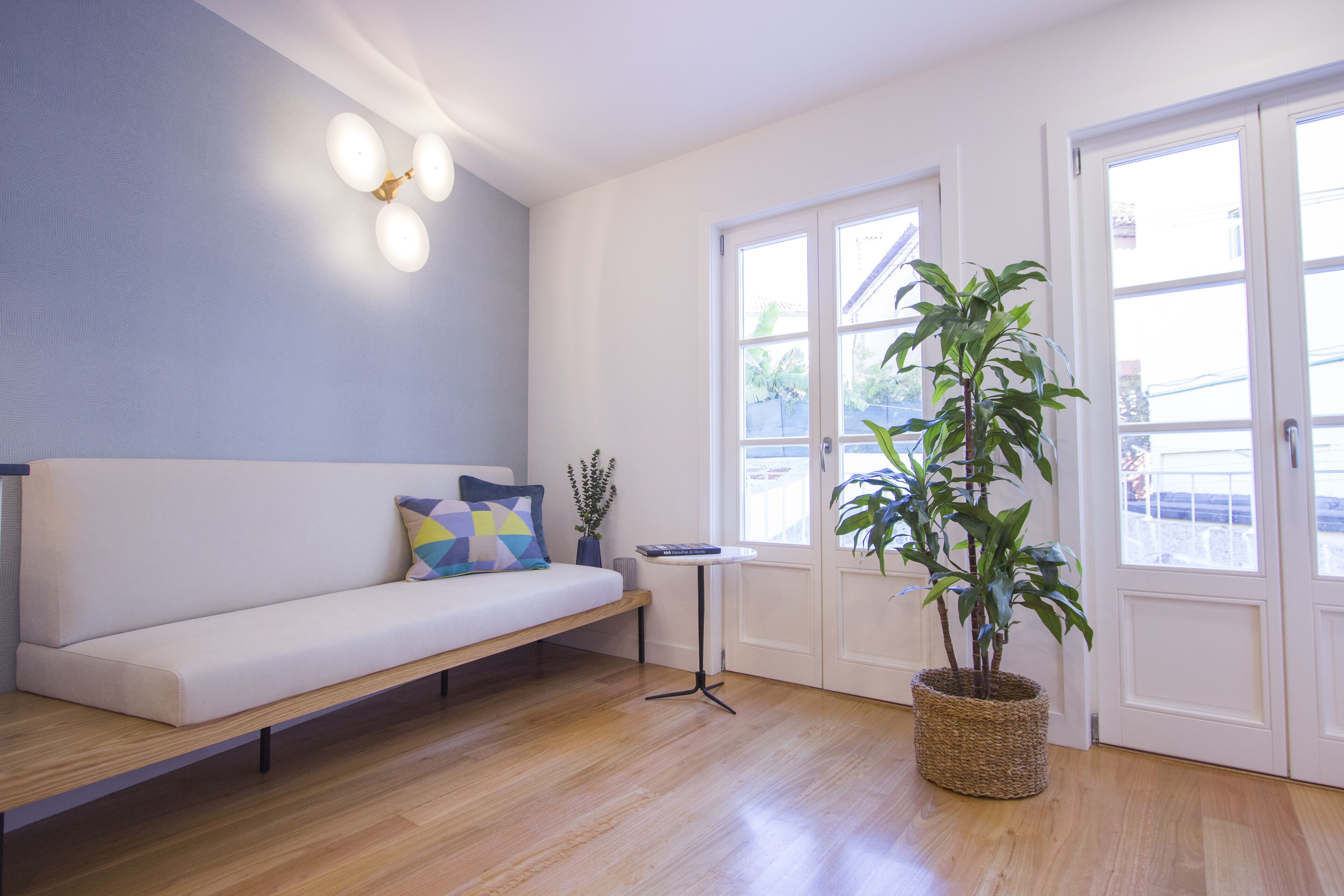 Een moderne woonkamer met een bank, een bijzettafeltje, een potplant en een deur met ramen.