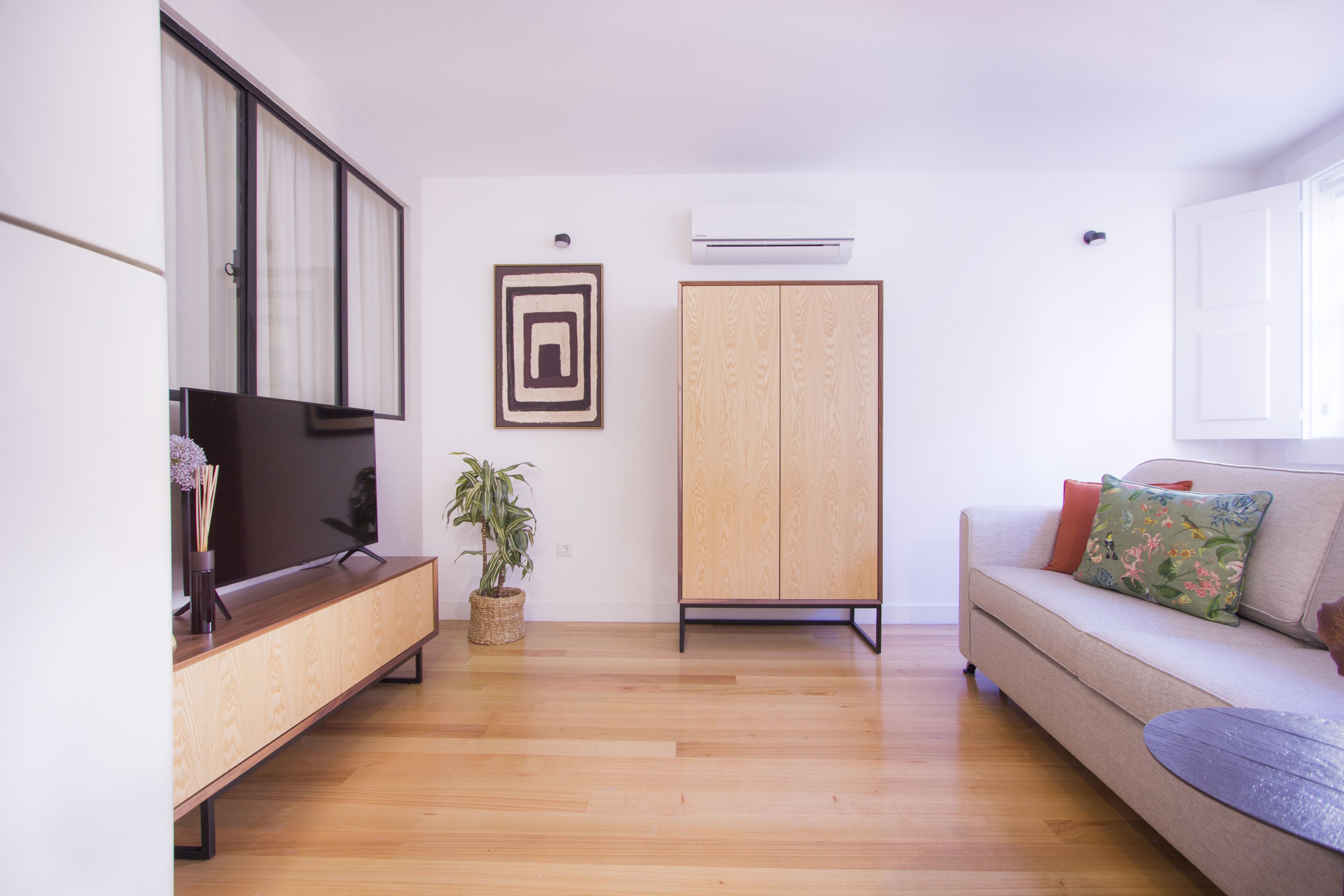 A modern living room with a wooden floor, a sofa, a TV, a cabinet, and a potted plant.