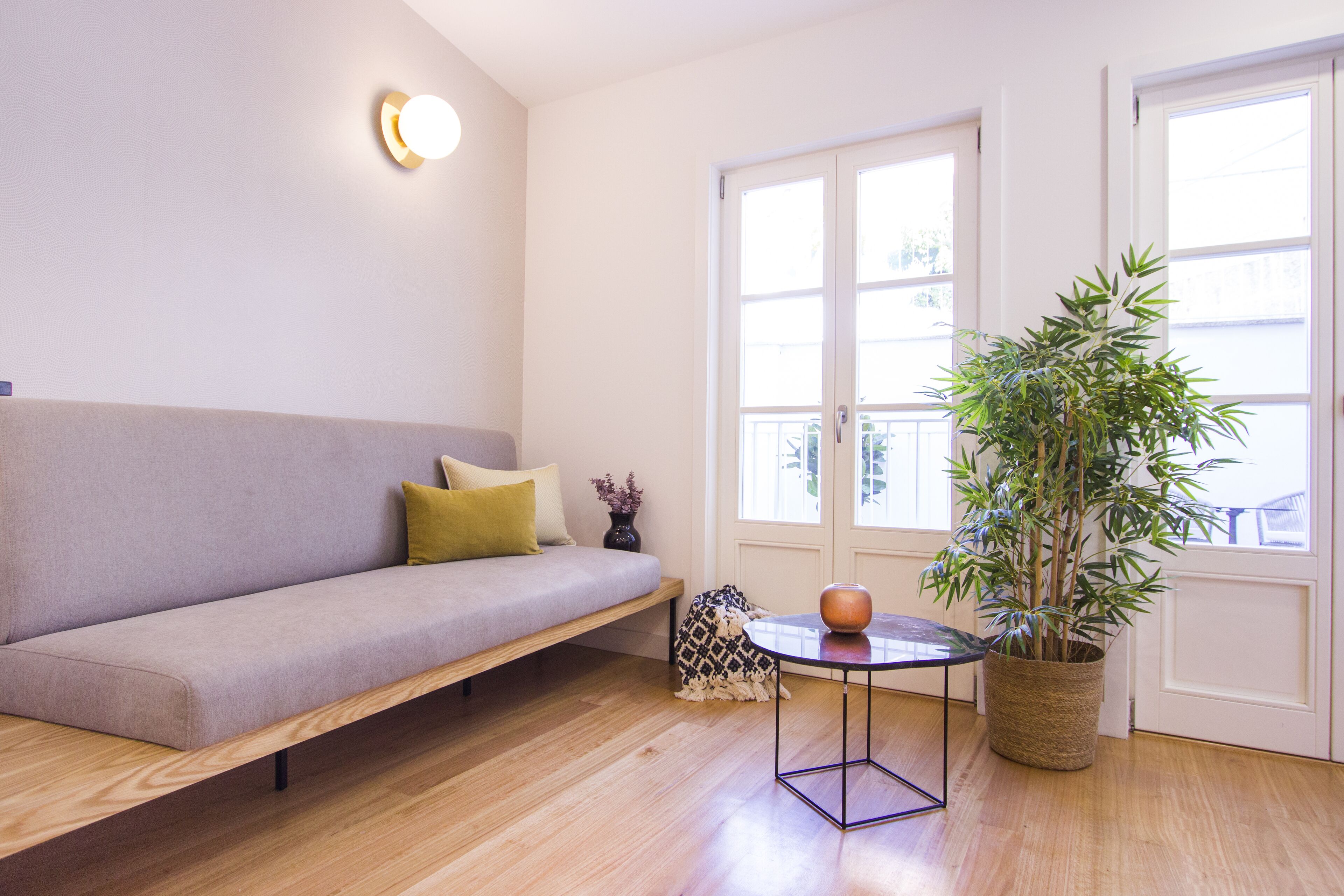 A modern living room with a sofa, a small table, a potted plant, and a window.
