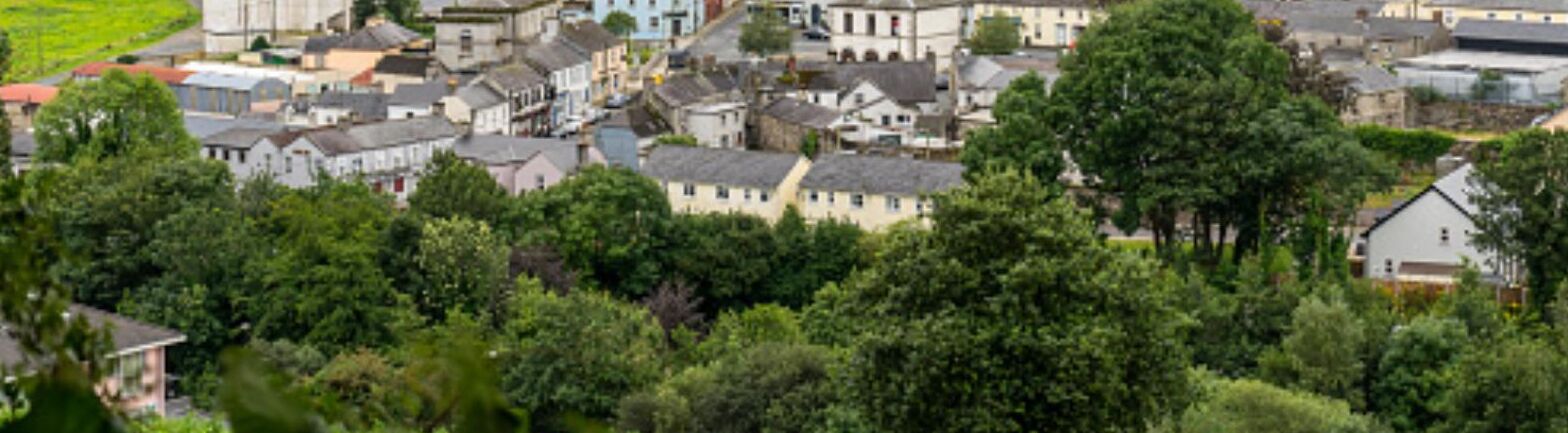 Un barrio residencial con casas rodeadas de árboles.