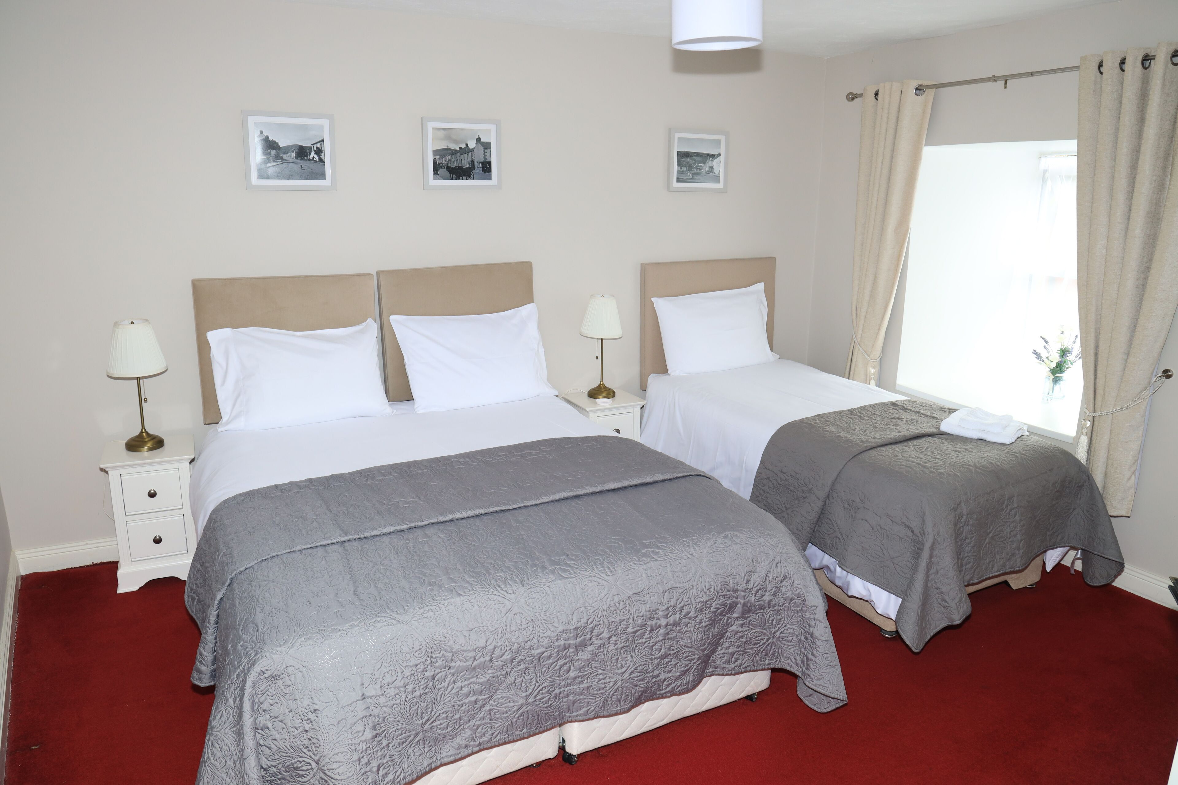 A double room with two beds, each with a white and grey bedspread, a small bedside table with a lamp, and a window with curtains.