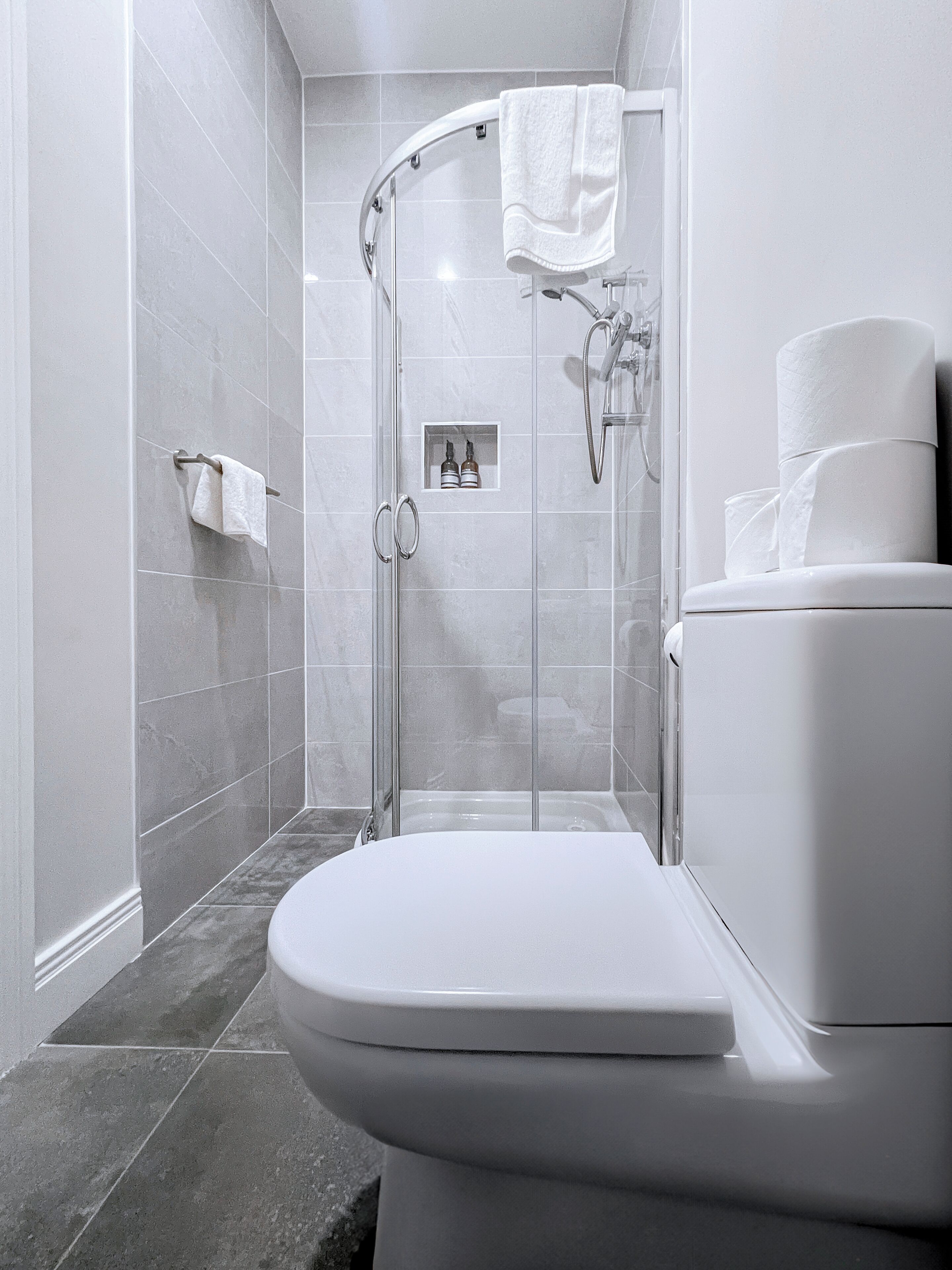 A modern bathroom with a glass shower enclosure, a toilet, and a small shelf with toiletries.