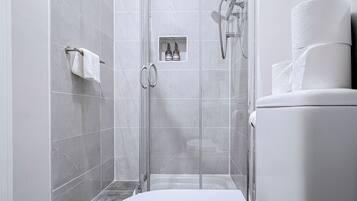A modern bathroom with a glass shower enclosure, a toilet, and a small shelf with toiletries.