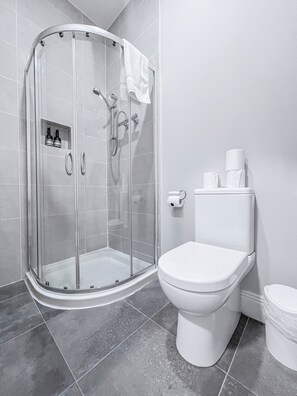 A modern bathroom with a glass-enclosed shower, a white toilet, and a bidet. - Madelines Accommodation (Tinahely)
