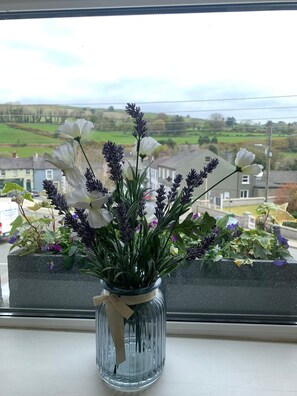 A clear view of a window with a vase of flowers on a windowsill. - Madelines Accommodation (Tinahely)