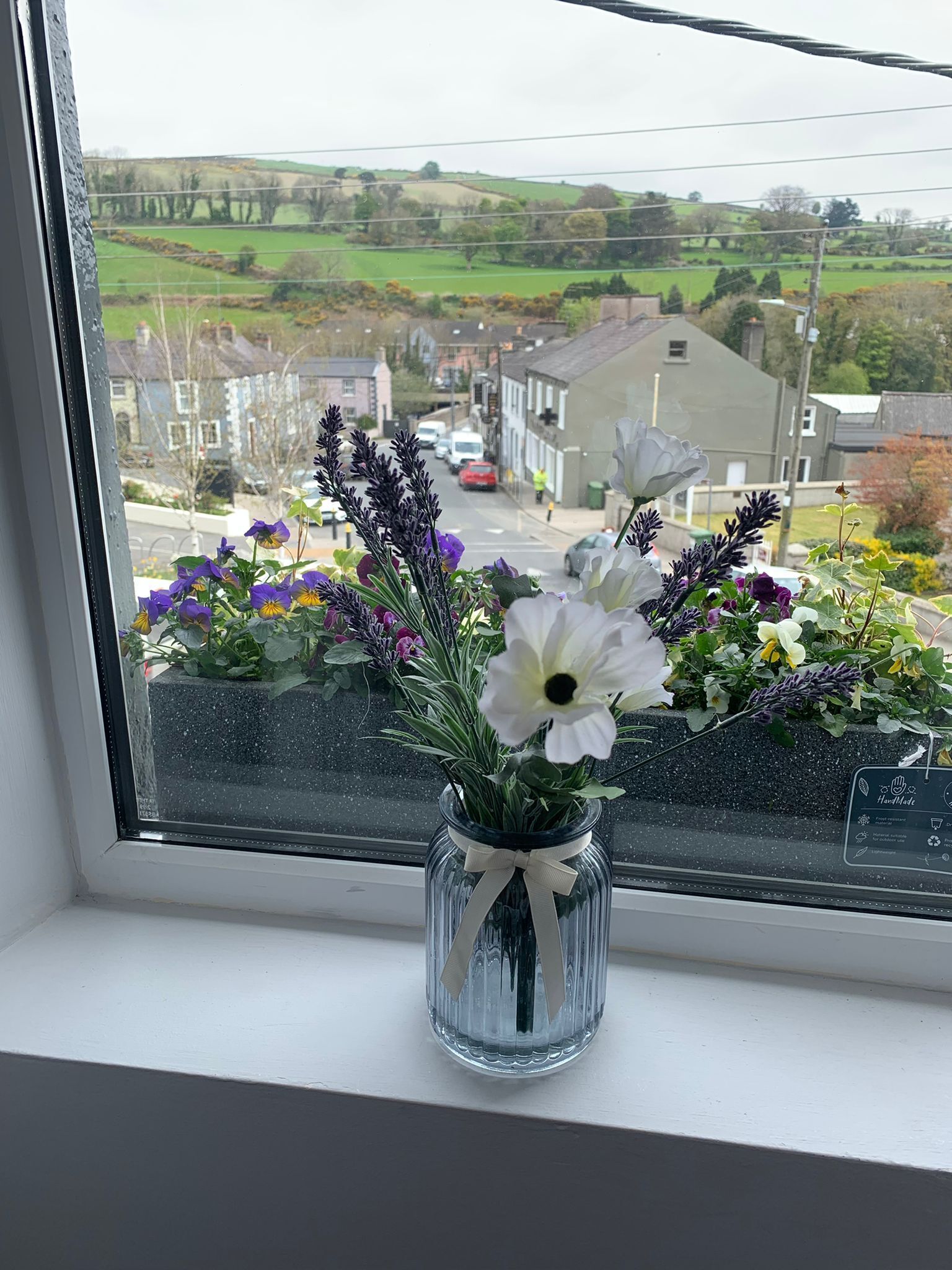 A clear view of a rural landscape through a window, featuring a small vase with flowers on a windowsill.