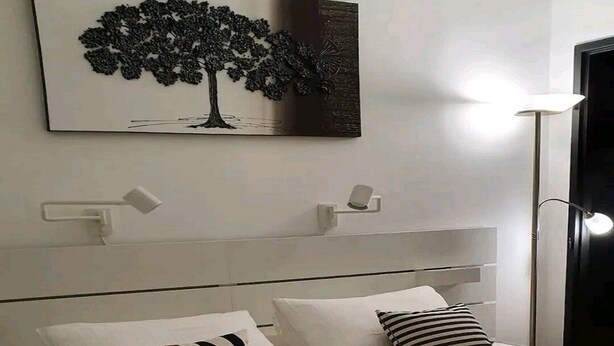 A neatly made bed with white bedding, two pillows, and a folded towel. A wall-mounted artwork of a tree is above the bed. - Apartment in the Rotonde district (Vichy)