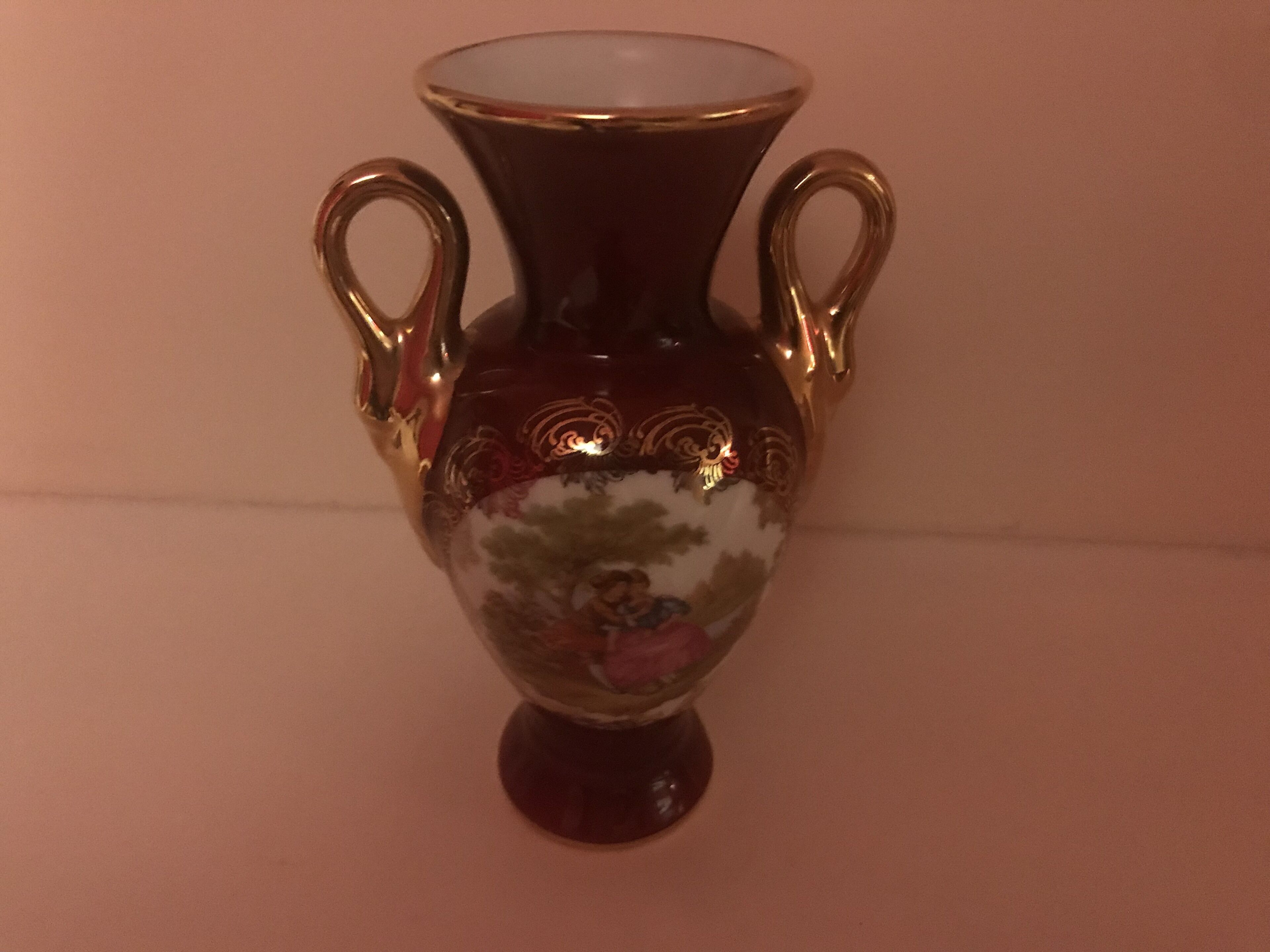 Un vase décoratif doté de deux anses et d’un col étroit, orné de motifs floraux.