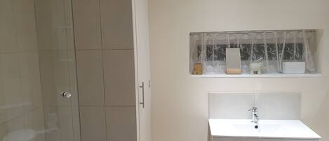 A bathroom with a glass shower enclosure, a white sink, and a mirror above the sink.