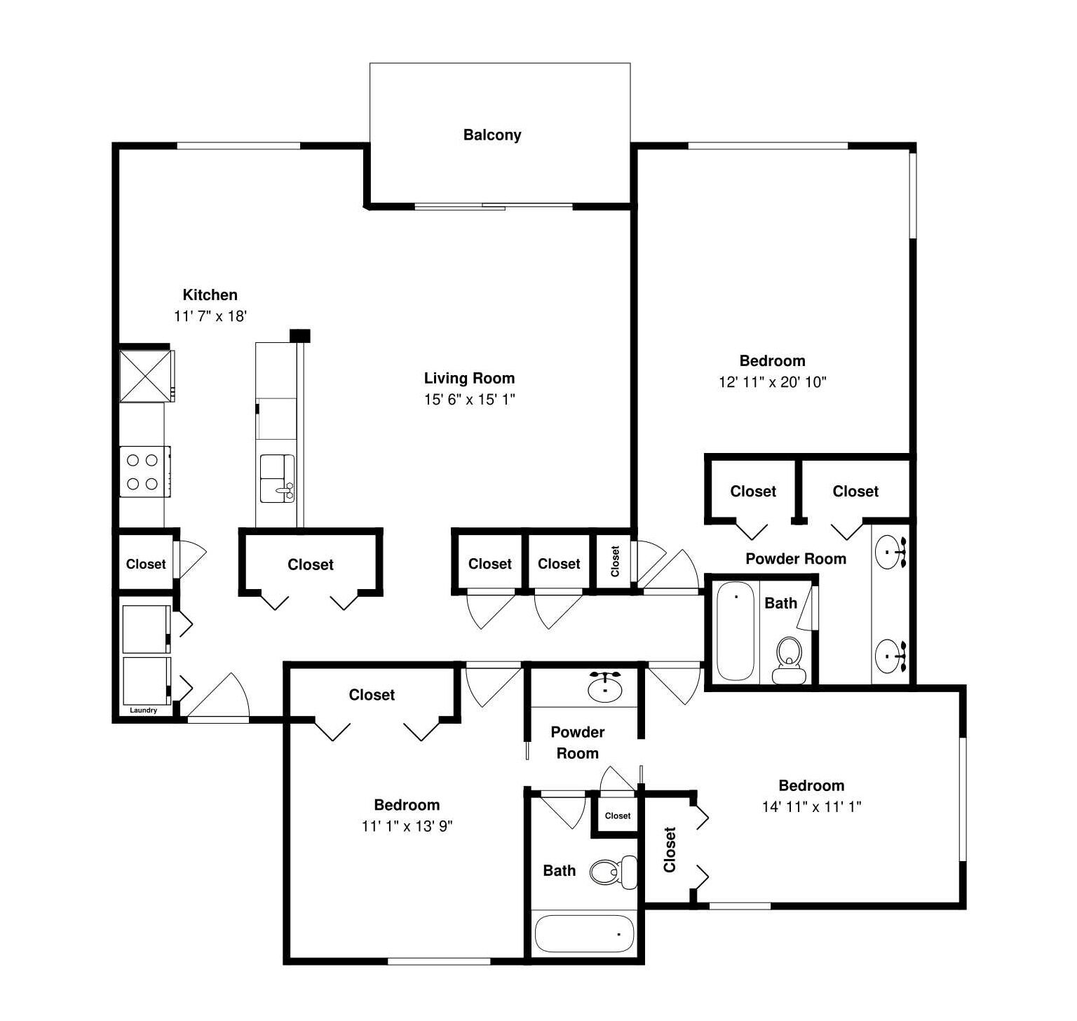 A floor plan with a living room, kitchen, two bedrooms, a powder room, and multiple closets.