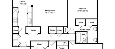 A floor plan with a living room, kitchen, two bedrooms, a powder room, and multiple closets.