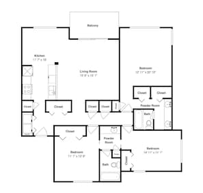 A floor plan with a kitchen, living room, two bedrooms, a powder room, and a balcony.
