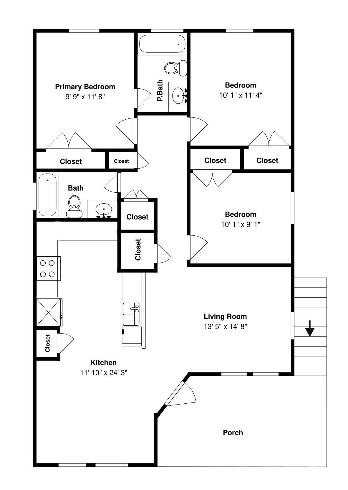 A floor plan with a primary bedroom, secondary bedroom, kitchen, bathroom, living room, and porch.
