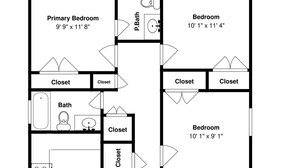 Plano de una casa que muestra un dormitorio principal, dos dormitorios, una sala de estar, una cocina, un baño y un porche.