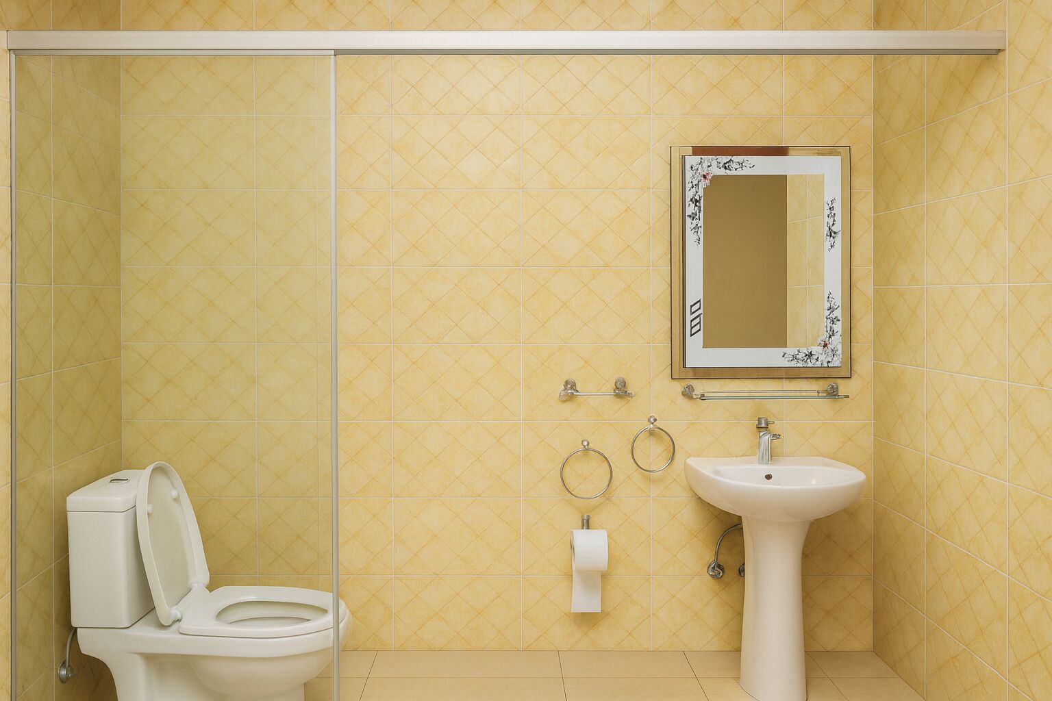 A bathroom with yellow patterned tiles, a toilet, a sink, and a mirror with a decorative frame.