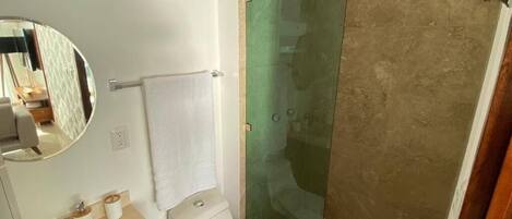 A bathroom with a glass shower enclosure, a toilet, a sink with a mirror, and a towel rack.