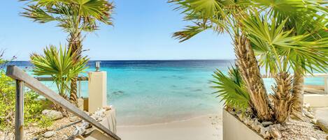 On the beach, sun-loungers, beach towels