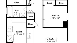 Ein Grundriss mit zwei Schlafzimmern, zwei Bädern, einer Küche, einem Essbereich, einem Wohnzimmer und mehreren Einbauschränken.