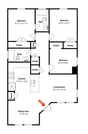 A floor plan with two bedrooms, two bathrooms, a kitchen, a dining area, a living room, and multiple closets.