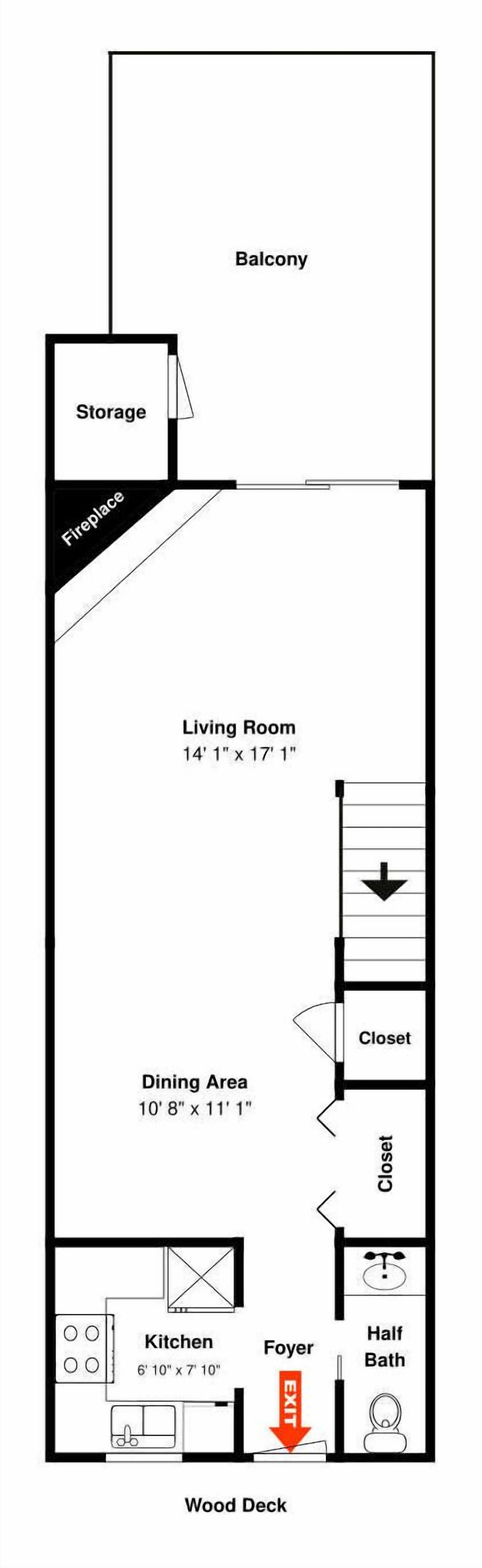 A floor plan with a balcony, storage, fireplace, living room, dining area, closet, kitchen, foyer, half bath, and wood deck.