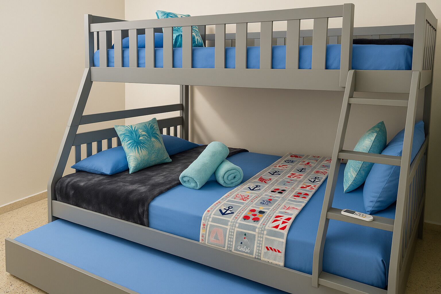 Una cama litera con dos niveles, ropa de cama azul y una manta estampada.