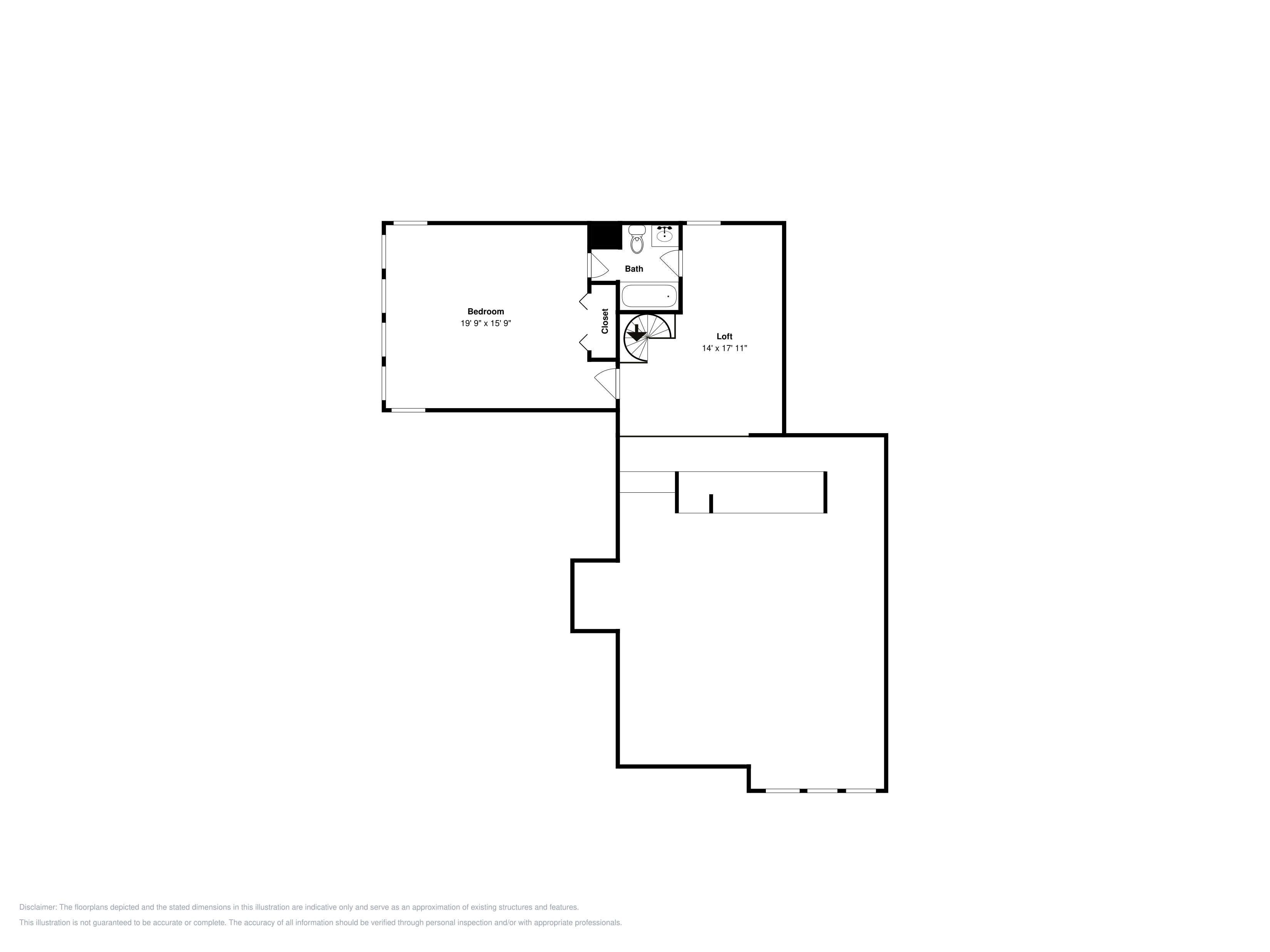 A floor plan with a bedroom measuring 19'9' x 15'9', a loft measuring 14' x 17'11', and a bathroom.
