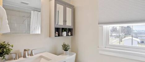 Hair dryer, towels, soap, shampoo