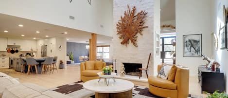 Télévision, cheminée, livres, chaîne hi-fi