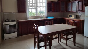Cucina con mobili in legno, piano cottura a gas, forno a microonde e finestra con vista sul verde.