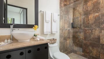 Shower, pancuran hujan, perlengkapan mandi gratis, dan pengering rambut