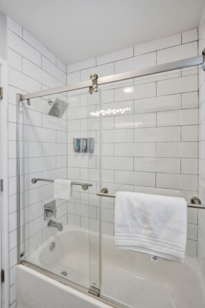Hair dryer, towels, soap, shampoo