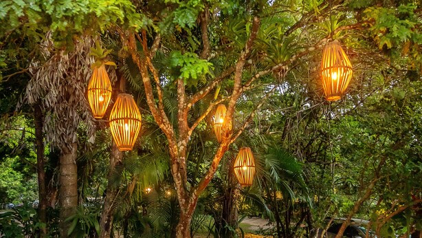 An outdoor seating area with wicker chairs and a wooden bench, surrounded by trees and hanging lanterns. - Pousada Verde Mar (Porto Seguro)