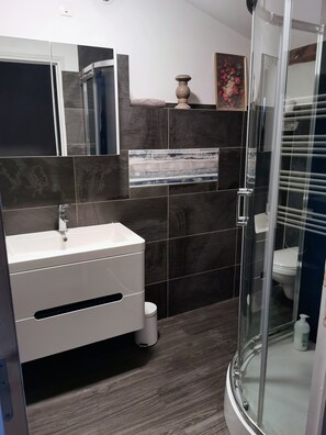 Shower, hair dryer, towels, soap