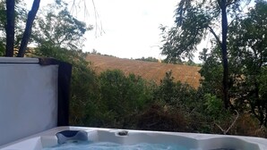 Una vasca idromassaggio con vista su un campo e alberi sullo sfondo.