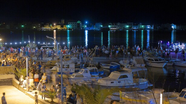 Una marina de nit amb vaixells amarrats i gent reunida.