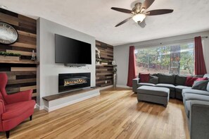 Télévision, cheminée, espaces bureaux