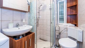 Bathtub, hair dryer, towels, toilet paper