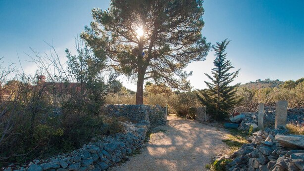 A gravel path flanked by stone walls and trees, leading to a stone structure. - Holiday Home Stella - cozy studio (Zaton)
