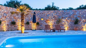 A swimming pool with stone walls and a palm tree.