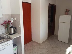 Fridge, stovetop, cookware/dishes/utensils