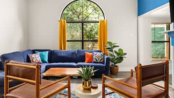 Smart TV, fireplace, books