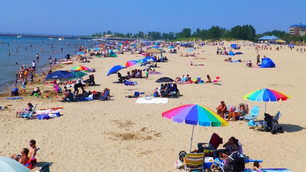 Una playa concurrida con muchos sombrillas y gente.