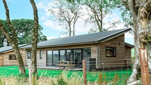 Une cabane moderne en bois, dotée d’une grande porte vitrée, d’une table de pique-nique à l’extérieur et d’une cour clôturée.