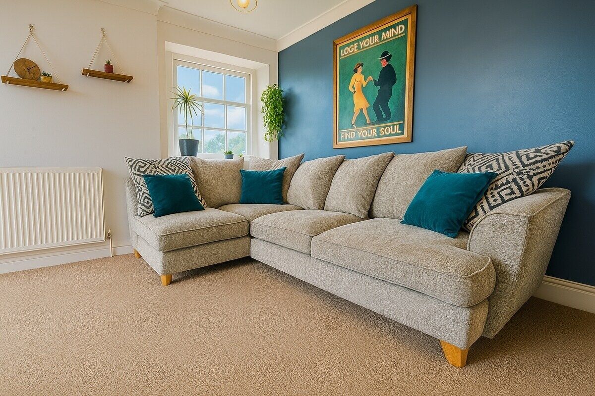 Una sala de estar con un sofá seccional color beige, cojines azul verdosos, una pared de acento azul, un cartel enmarcado y una ventana con vistas.
