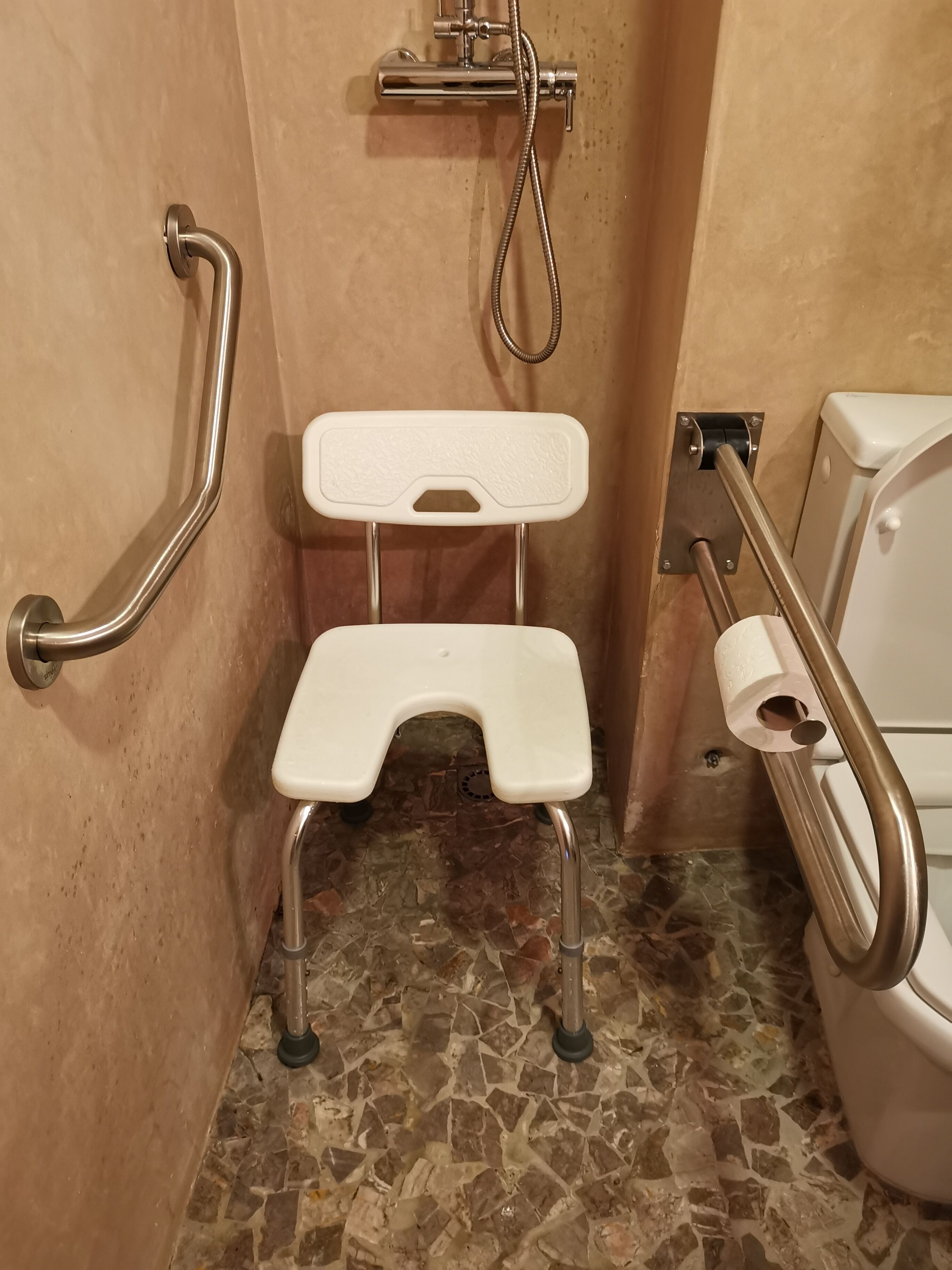 Een badkamer met een wit toilet, een handgreep, een witte opstapsteun en een douchekop.